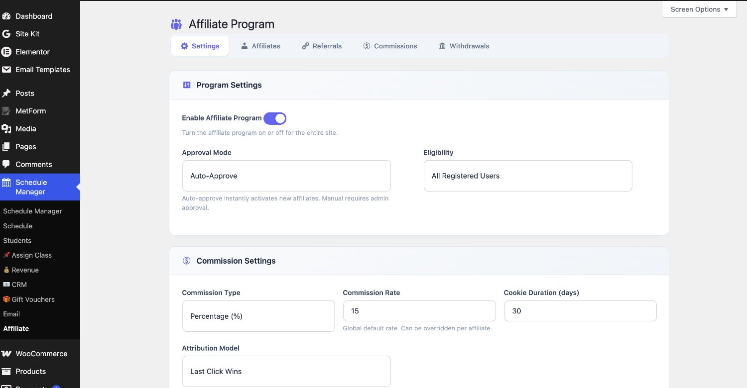 Affiliate program settings: approval mode, eligibility, commission type, rate, cookie duration and attribution