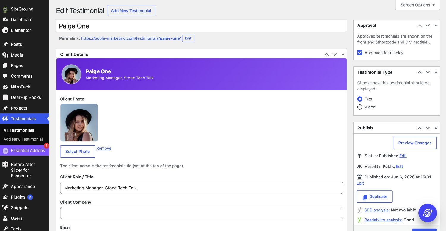 Edit testimonial: client details, text/video type and an approved-for-display toggle