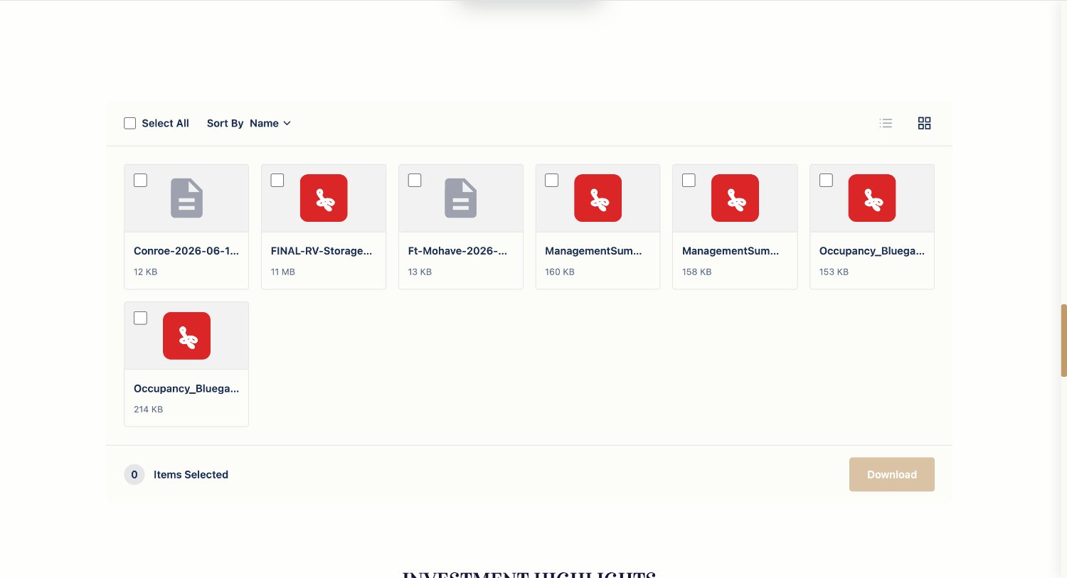 Deal room document library with grid/list views, sorting, multi-select and bulk download
