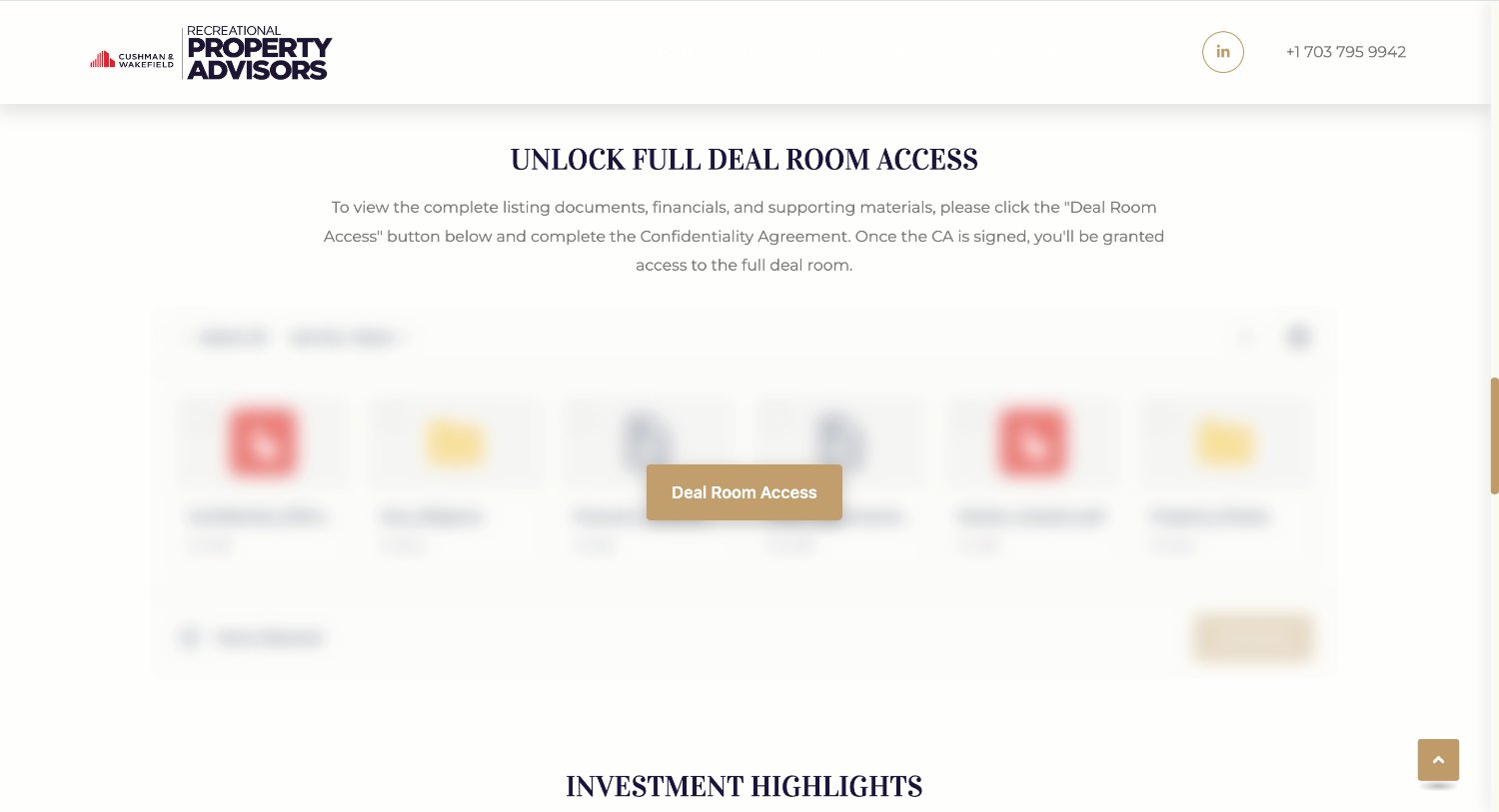 Unlock Full Deal Room Access — listing documents blurred behind a Deal Room Access gate
