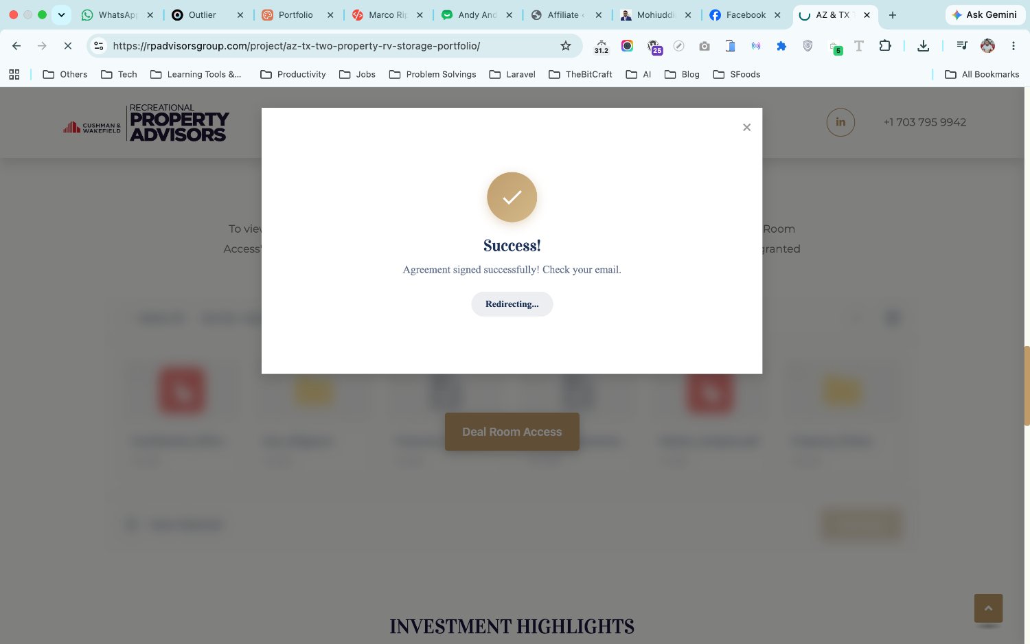 Success! Agreement signed successfully — redirecting into the deal room